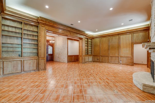 Empty room, Fireplace, Interior, Recessed Lighting, Stone Walls