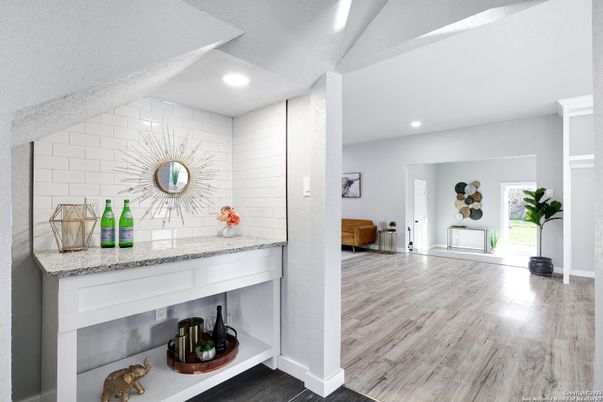 Interior, Recessed Lighting, Stone Walls, Wood Texture Flooring
