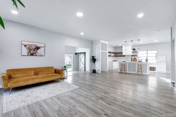 Interior, Kitchen, Pendant Lights, Recessed Lighting, Wood Texture Flooring