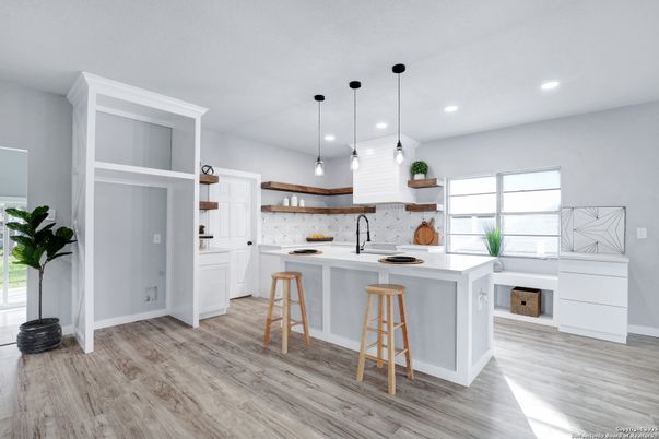 Interior, Kitchen, Pendant Lights, Recessed Lighting, Wood Texture Flooring