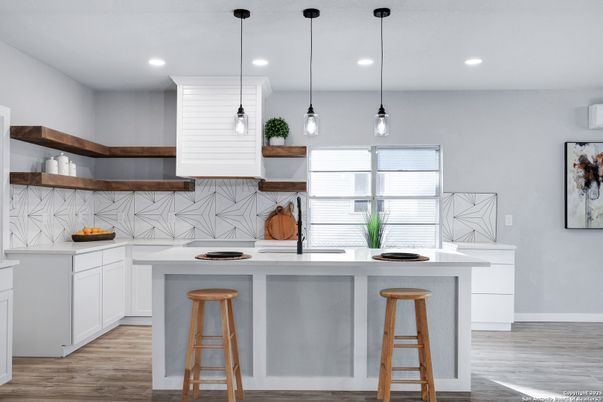Interior, Kitchen, Pendant Lights, Recessed Lighting, Wood Texture Flooring