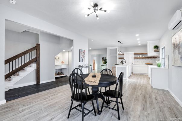 Dining room, Fireplace, Interior, Kitchen, Pendant Lights, Recessed Lighting, Wood Texture Flooring