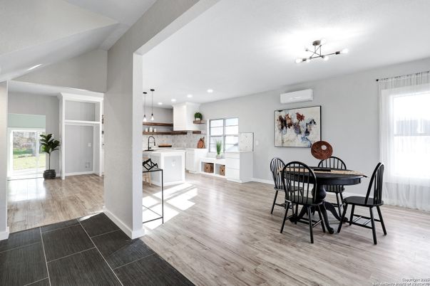 Dining room, Interior, Kitchen, Pendant Lights, Recessed Lighting, Wood Texture Flooring