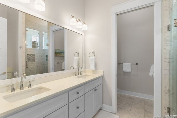 Bathroom, Dual Sink Vanities, Glass Shower, Interior, Marble