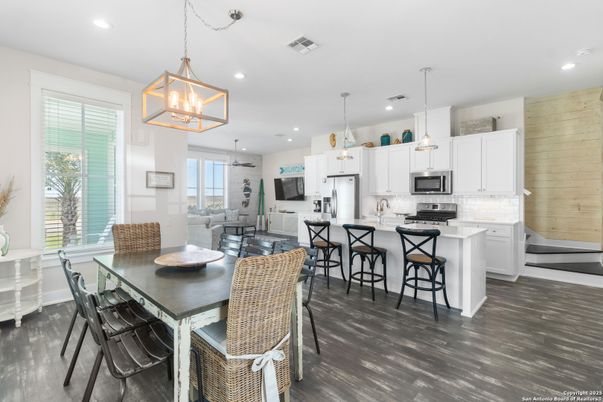 Dining room, Interior, Kitchen, Pendant Lights, Recessed Lighting, Stainless Steel Appliances, Wood Texture Flooring
