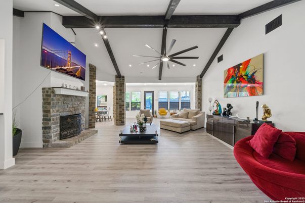 Fireplace, Interior, Living room, Recessed Lighting, Wooden Beams, Wood Texture Flooring
