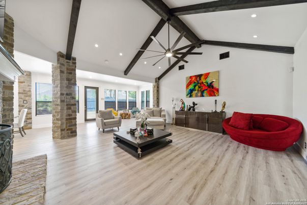 Interior, Living room, Pendant Lights, Recessed Lighting, Stone Walls, Wooden Beams, Wood Texture Flooring