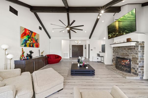 Fireplace, Interior, Living room, Pendant Lights, Recessed Lighting, Wooden Beams, Wood Texture Flooring