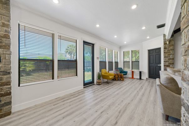 Interior, Living room, Recessed Lighting, Stone Walls, Wood Texture Flooring