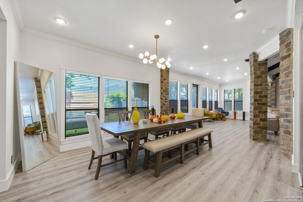 Dining room, Interior, Pendant Lights, Recessed Lighting, Stone Walls, Wood Texture Flooring