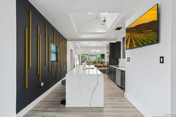 Chandelier, Interior, Kitchen, Pendant Lights, Recessed Lighting, Wood Texture Flooring