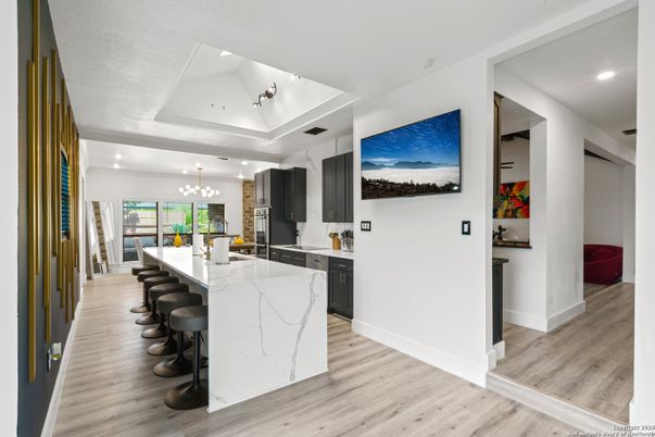 Chandelier, Interior, Kitchen, Pendant Lights, Recessed Lighting, Wood Texture Flooring