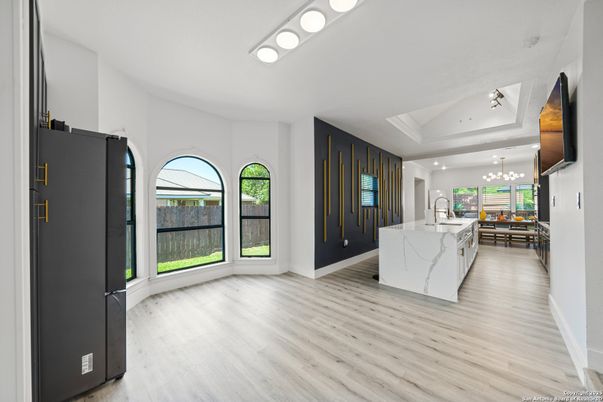 Interior, Kitchen, Pendant Lights, Recessed Lighting, Wood Texture Flooring