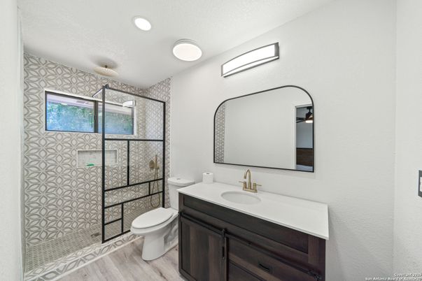 Bathroom, Glass Shower, Interior, Recessed Lighting, Wood Texture Flooring