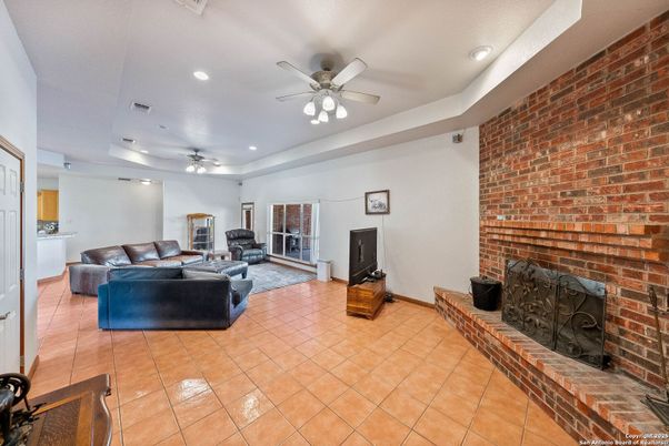 Fireplace, Interior, Living room, Recessed Lighting, Stone Walls