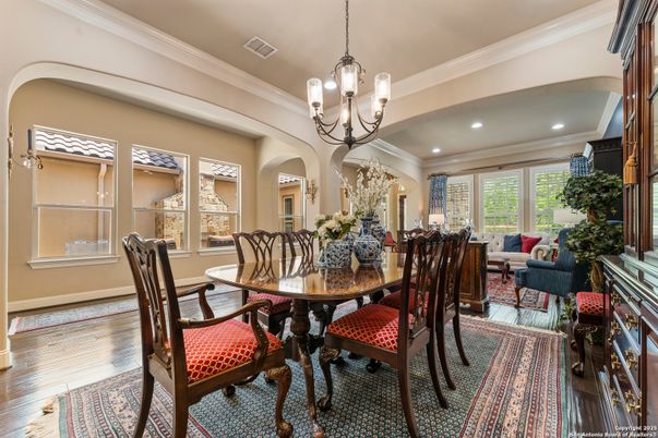 Chandelier, Dining room, Interior, Living room, Recessed Lighting, Wood Texture Flooring