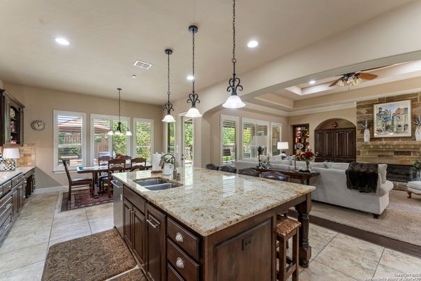 Dining room, Fireplace, Interior, Kitchen, Living room, Pendant Lights, Recessed Lighting