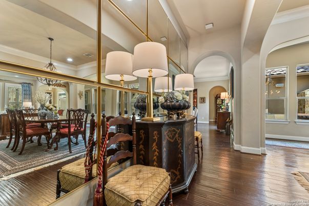 Dining room, Interior, Pendant Lights, Recessed Lighting, Wood Texture Flooring