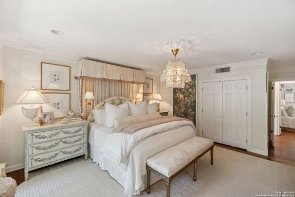 Bedroom, Chandelier, Interior, Wood Texture Flooring