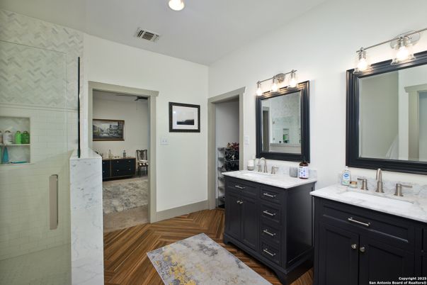 Bathroom, Dual Sink Vanities, Interior, Recessed Lighting, Wood Texture Flooring