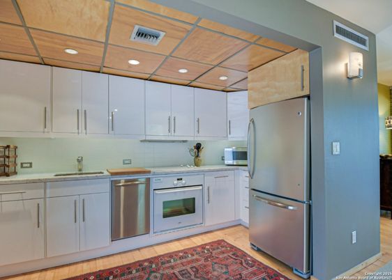Interior, Kitchen, Recessed Lighting, Stainless Steel Appliances, Wooden Ceilings, Wood Texture Flooring
