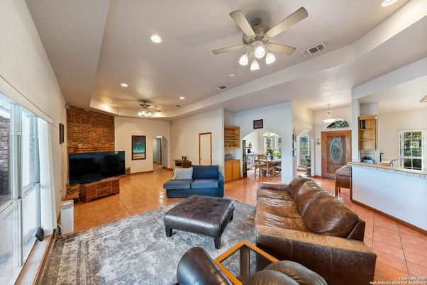 Dining room, Interior, Living room, Recessed Lighting, Stone Walls