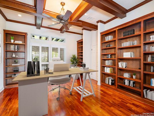 Home Office, Interior, Recessed Lighting, Wooden Beams, Wood Texture Flooring