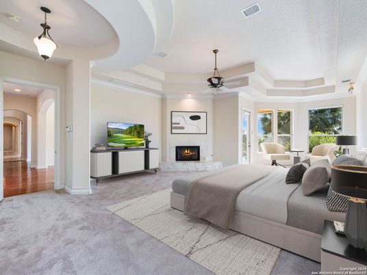 Bedroom, Fireplace, Interior, Pendant Lights, Recessed Lighting, Wood Texture Flooring