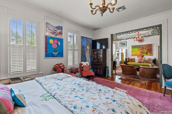 Bedroom, Chandelier, Interior, Wood Texture Flooring