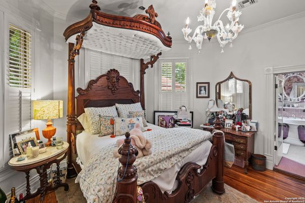 Bedroom, Chandelier, Interior, Wood Texture Flooring