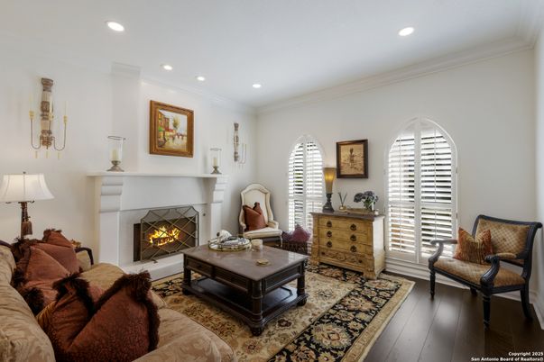 Fireplace, Interior, Living room, Recessed Lighting, Wood Texture Flooring