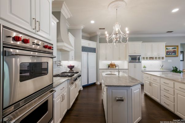 Chandelier, Interior, Kitchen, Recessed Lighting, Stainless Steel Appliances, Wood Texture Flooring