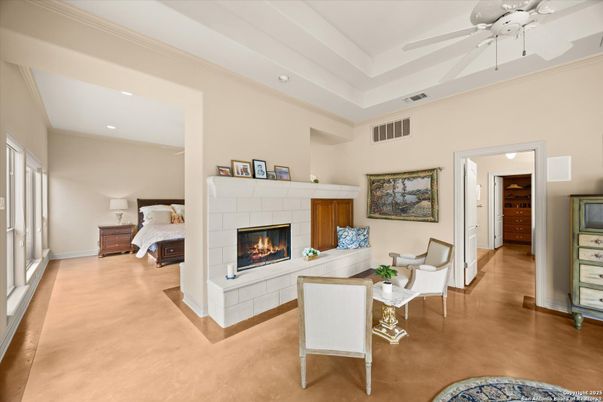 Bedroom, Fireplace, Interior, Living room, Recessed Lighting, Wood Texture Flooring