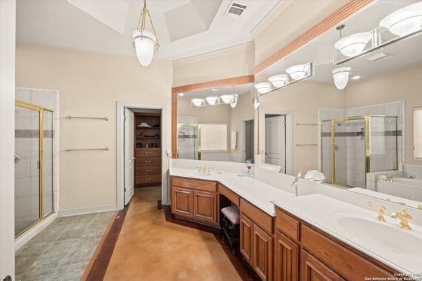 Bathroom, Dual Sink Vanities, Glass Shower, Interior, Pendant Lights