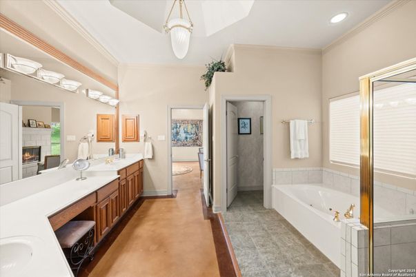 Bathroom, Dual Sink Vanities, Fireplace, Interior, Recessed Lighting