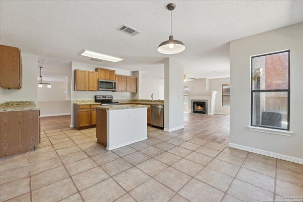 Fireplace, Interior, Kitchen, Pendant Lights, Stainless Steel Appliances