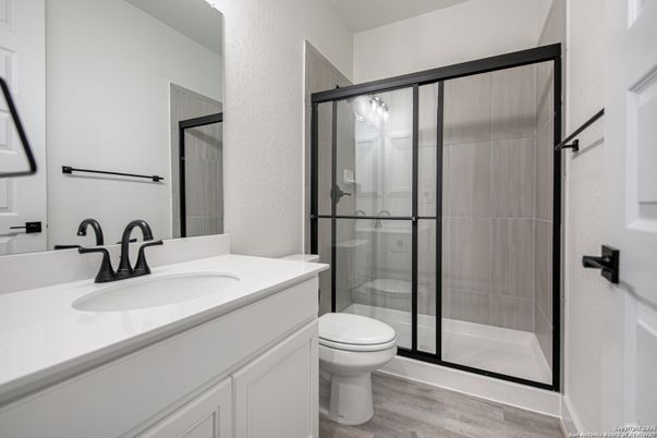Bathroom, Glass Shower, Interior, Wood Texture Flooring