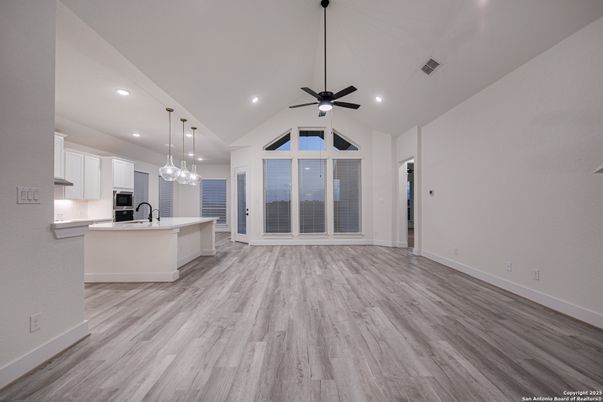 Empty room, Interior, Kitchen, Pendant Lights, Recessed Lighting, Wood Texture Flooring