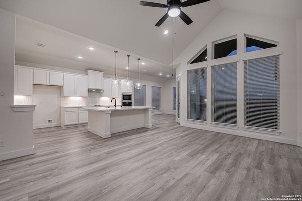 Interior, Kitchen, Pendant Lights, Recessed Lighting, Wood Texture Flooring