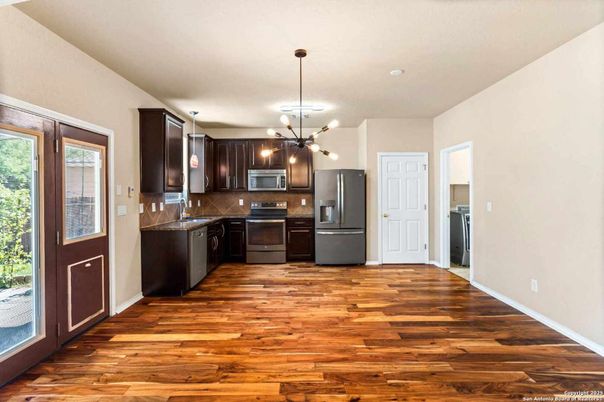 Interior, Kitchen, Pendant Lights, Stainless Steel Appliances, Wood Texture Flooring