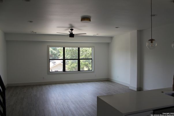 Empty room, Interior, Pendant Lights, Recessed Lighting, Wood Texture Flooring