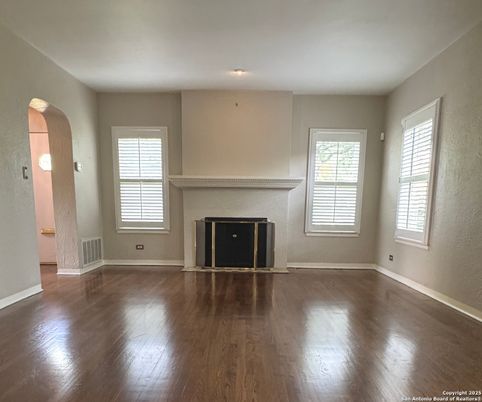 Empty room, Fireplace, Interior, Recessed Lighting, Wood Texture Flooring