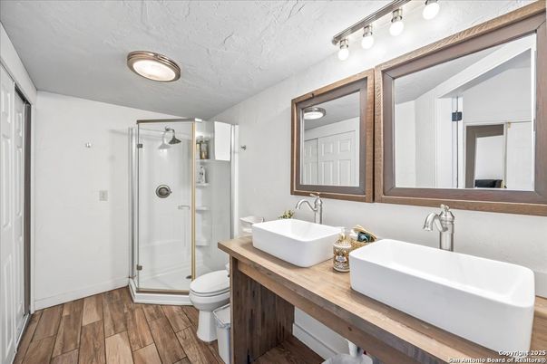 Bathroom, Glass Shower, Interior, Wood Texture Flooring