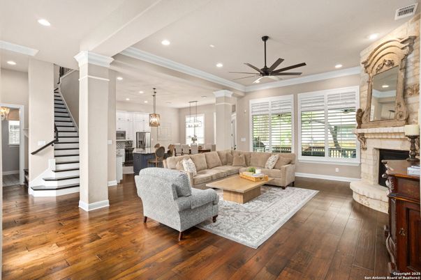 Fireplace, Interior, Kitchen, Living room, Pendant Lights, Recessed Lighting, Wood Texture Flooring