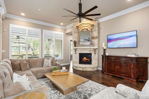 Fireplace, Interior, Living room, Recessed Lighting, Wood Texture Flooring