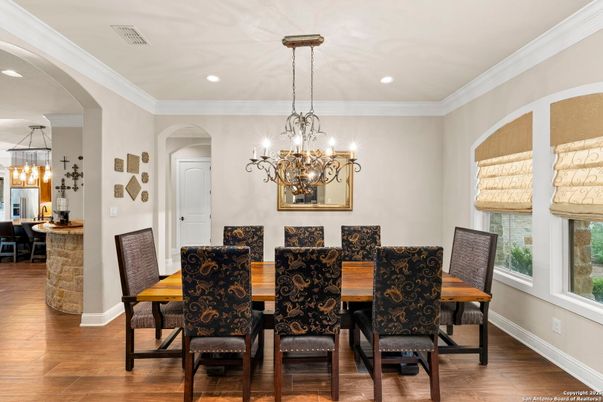 Chandelier, Dining room, Interior, Recessed Lighting, Wood Texture Flooring