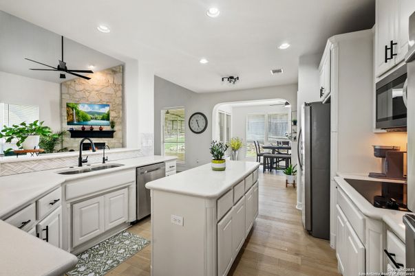 Dining room, Interior, Kitchen, Recessed Lighting, Stone Walls, Wood Texture Flooring