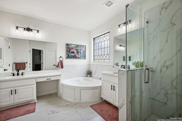 Bathroom, Dual Sink Vanities, Glass Shower, Interior, Marble, Marble Walls