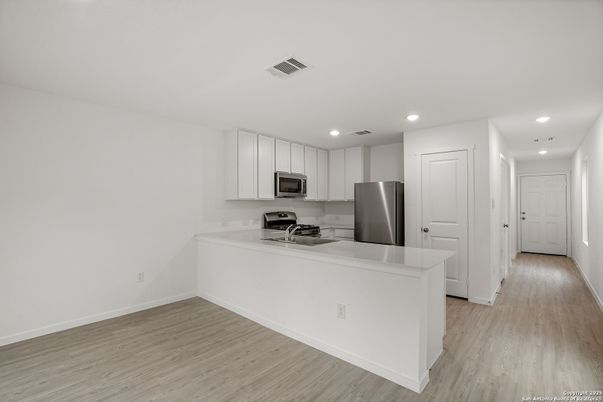 Interior, Kitchen, Recessed Lighting, Stainless Steel Appliances, Wood Texture Flooring