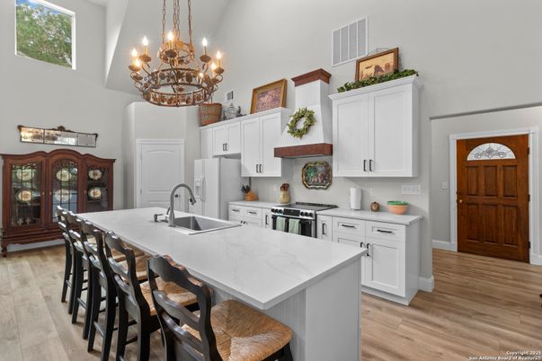 Chandelier, Interior, Kitchen, Stainless Steel Appliances, Wood Texture Flooring